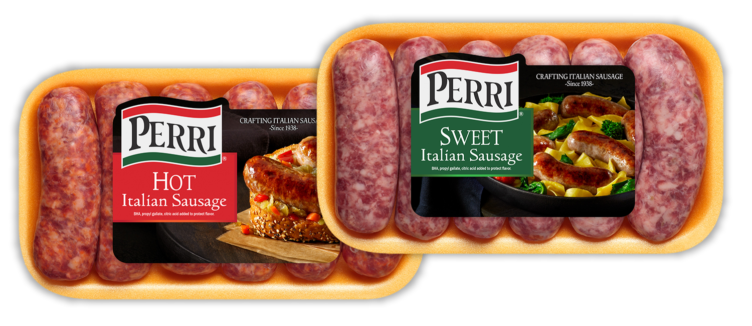 Perri Hot Italian and Sweet Italian Sausage packaged in a labeled yellow tray.
