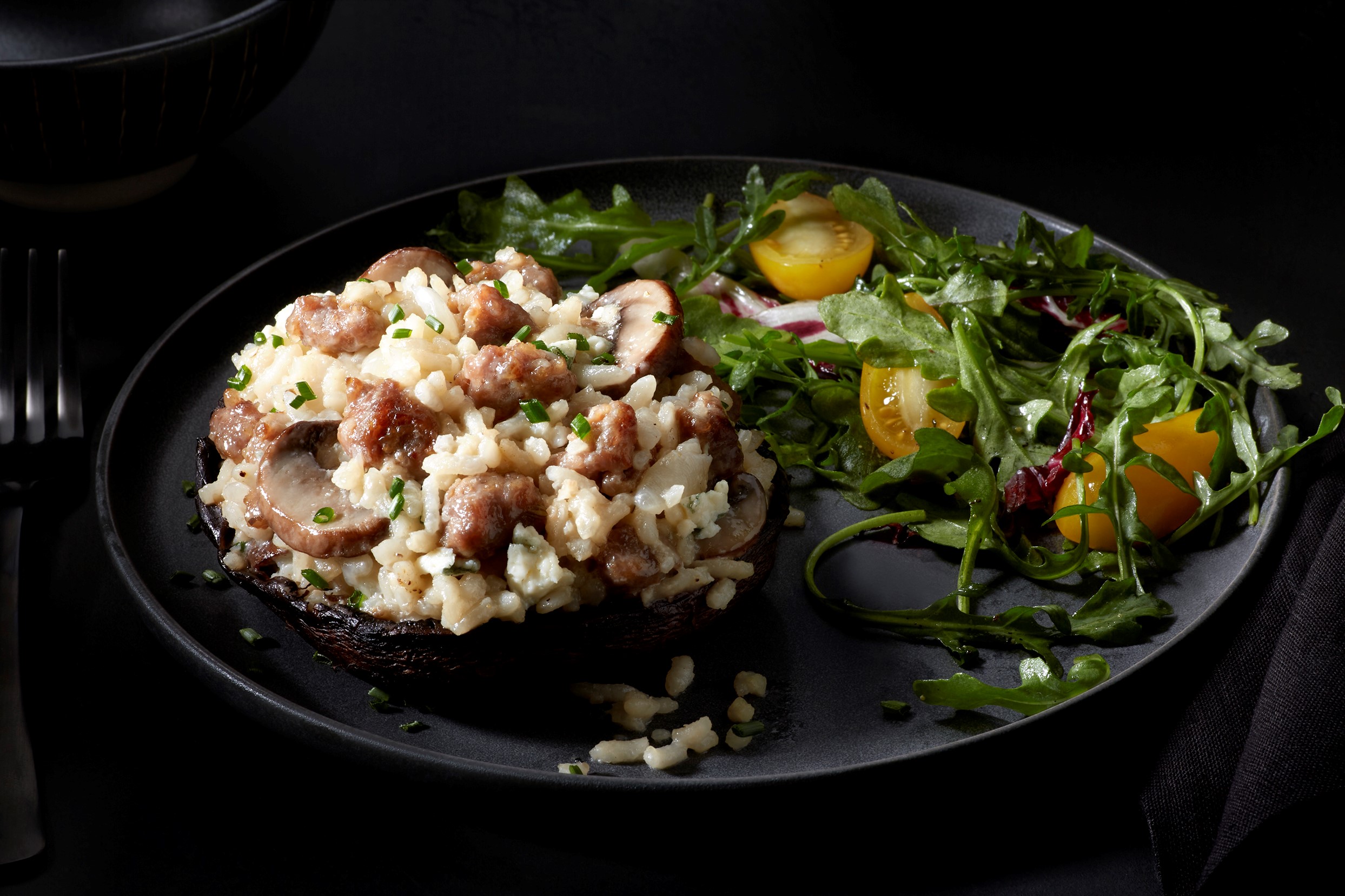 Perri® Sweet Italian Sausage combined with creamy gorgonzola risotto stuffed in a portabella mushroom cap